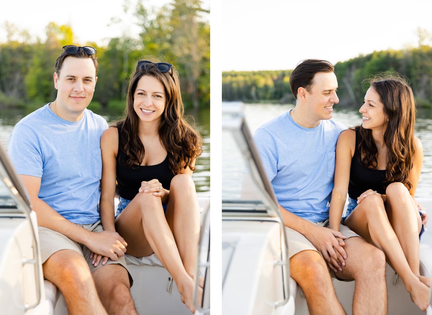Side by side engagement photos of couple sitting close together on white boat deck.