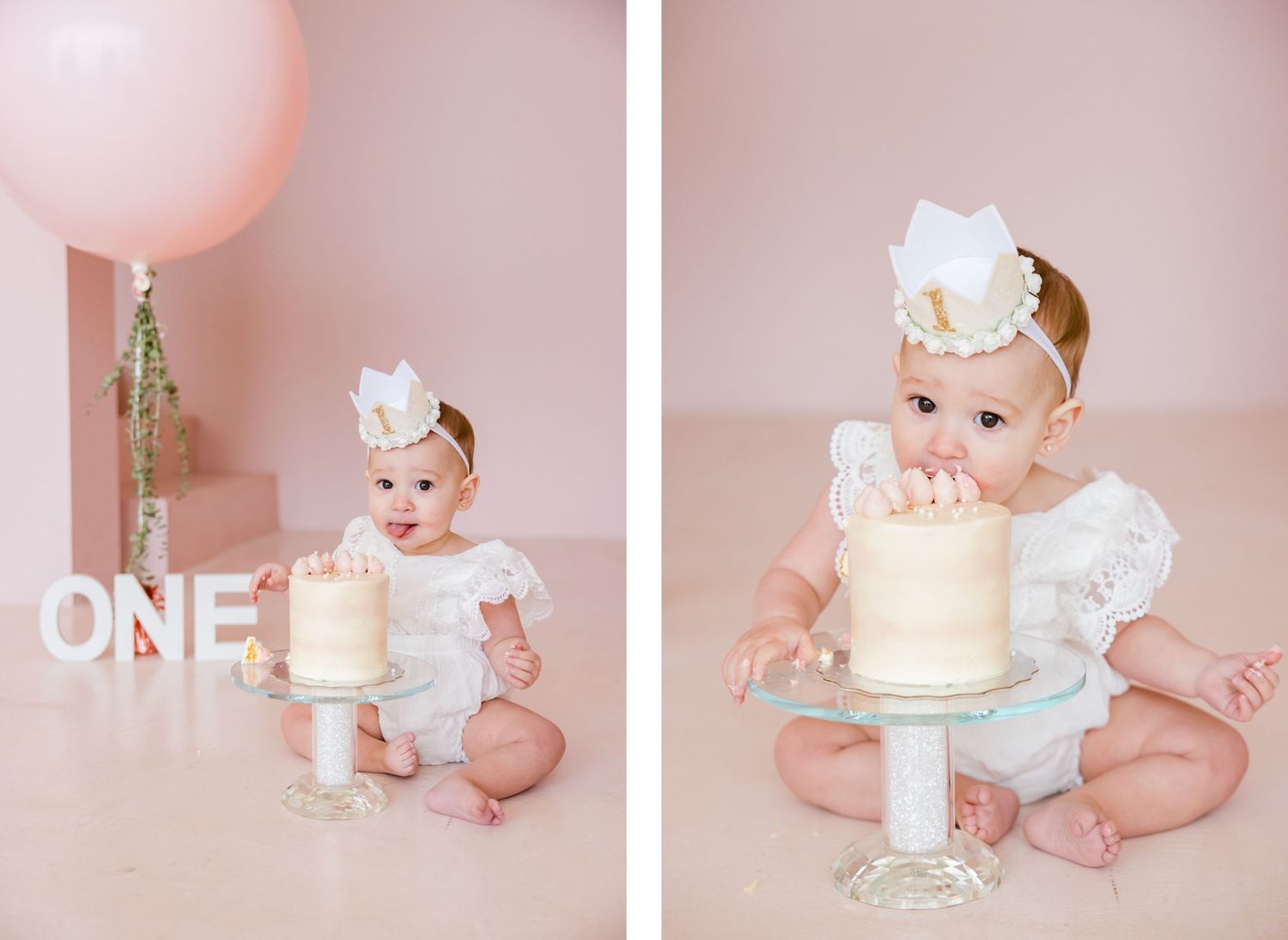 Two-panel cake smash photography showing first birthday celebration moments.