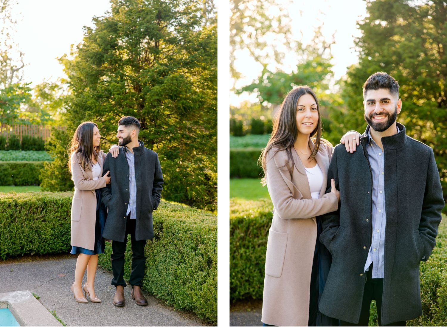 A couple poses together in a formal garden setting shown from two different angles.