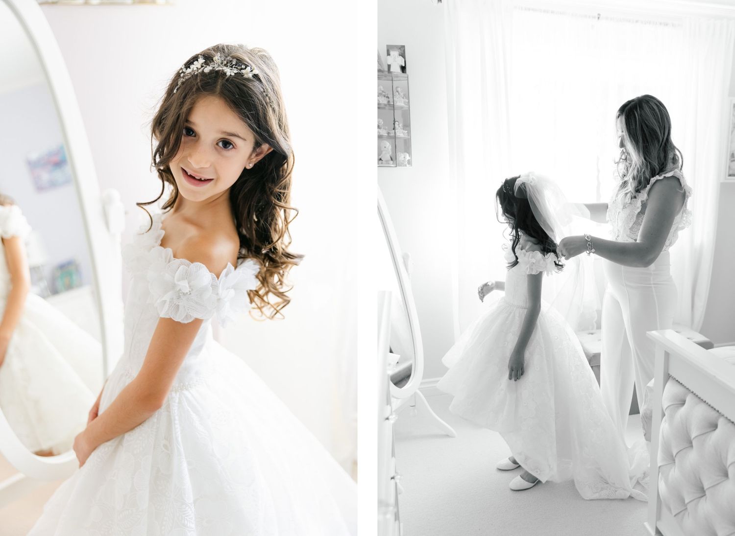 Two figures share a tender moment in elegant white dresses against a bright background.