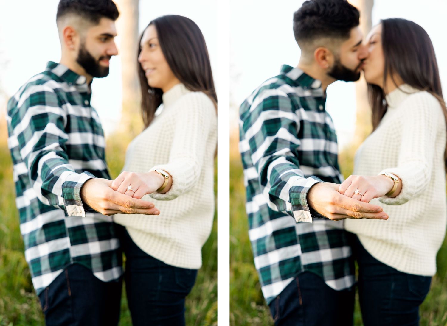 Side-by-side romantic photos of couple in casual wear sharing tender moment outdoors.