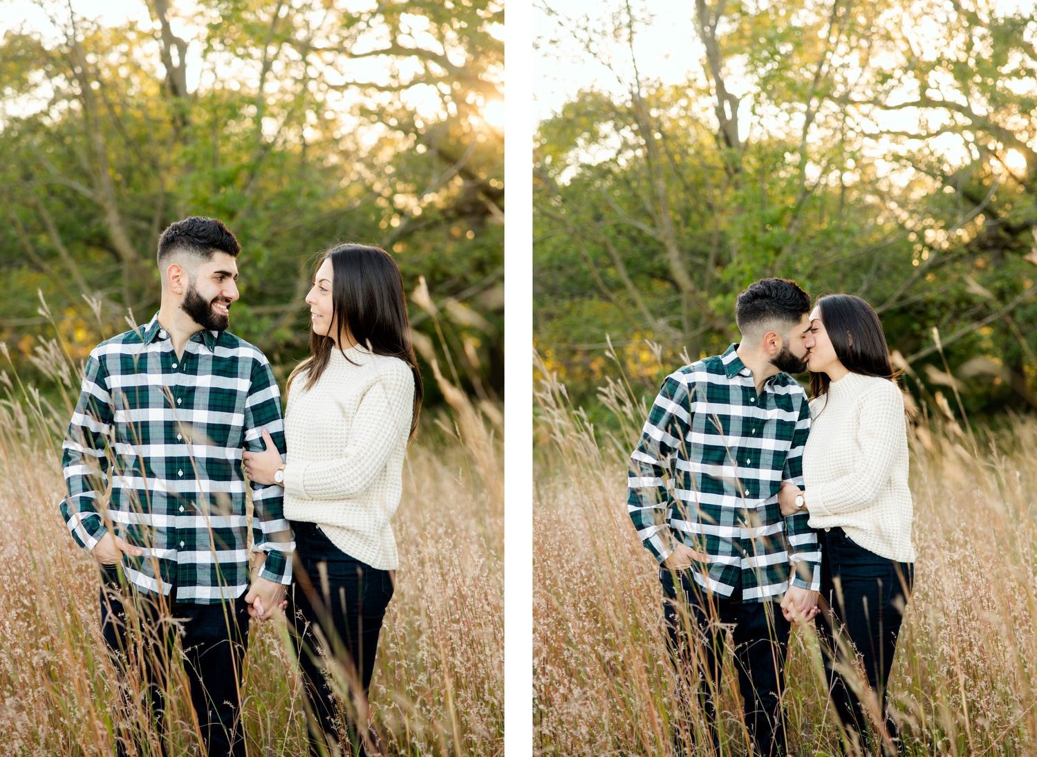 Romantic couple walking through golden field at sunset in casual fall attire.