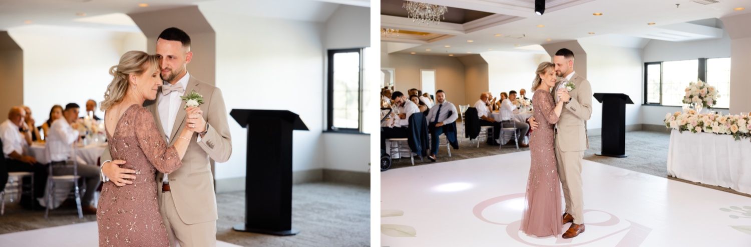 Wedding reception dancing scene in a bright white ballroom with guests seated around tables.
