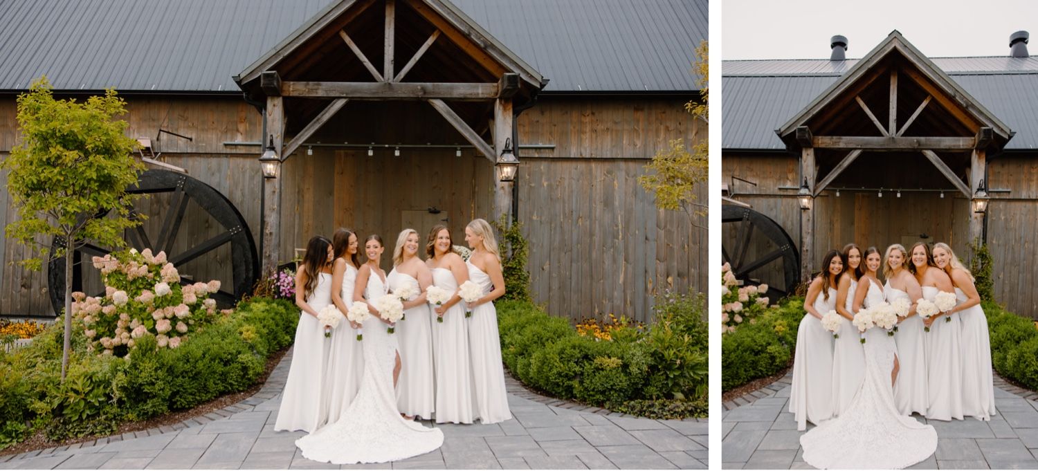 Side-by-side wedding party photos in front of a rustic barn entrance with landscaping.