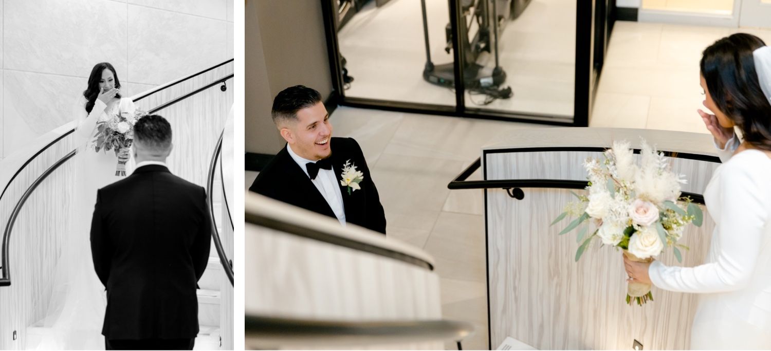 A collection of first look wedding photos showing different angles on an elegant staircase.