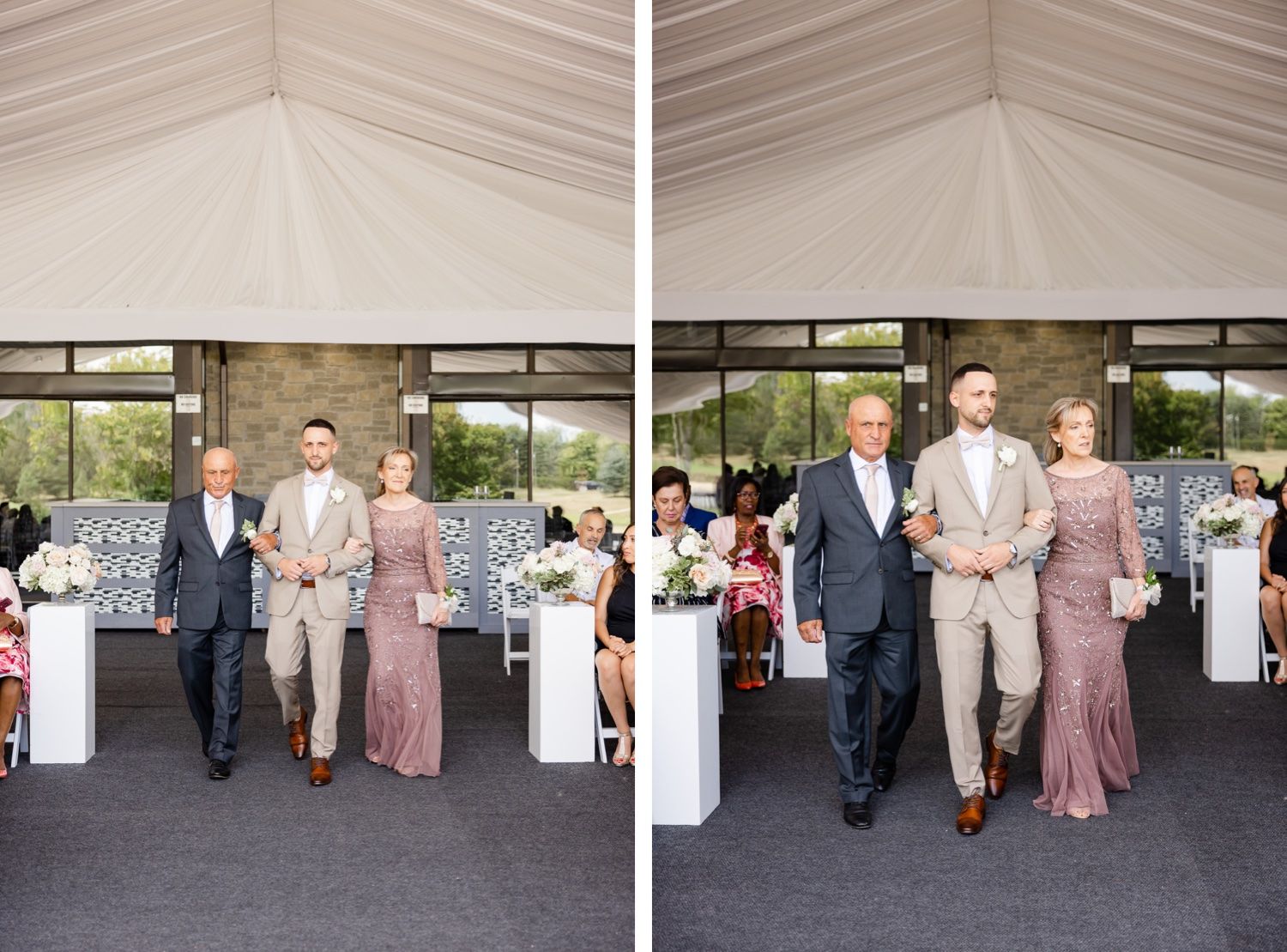 Wedding processional walking down the aisle under an elegant white tent in two side-by-side photos.