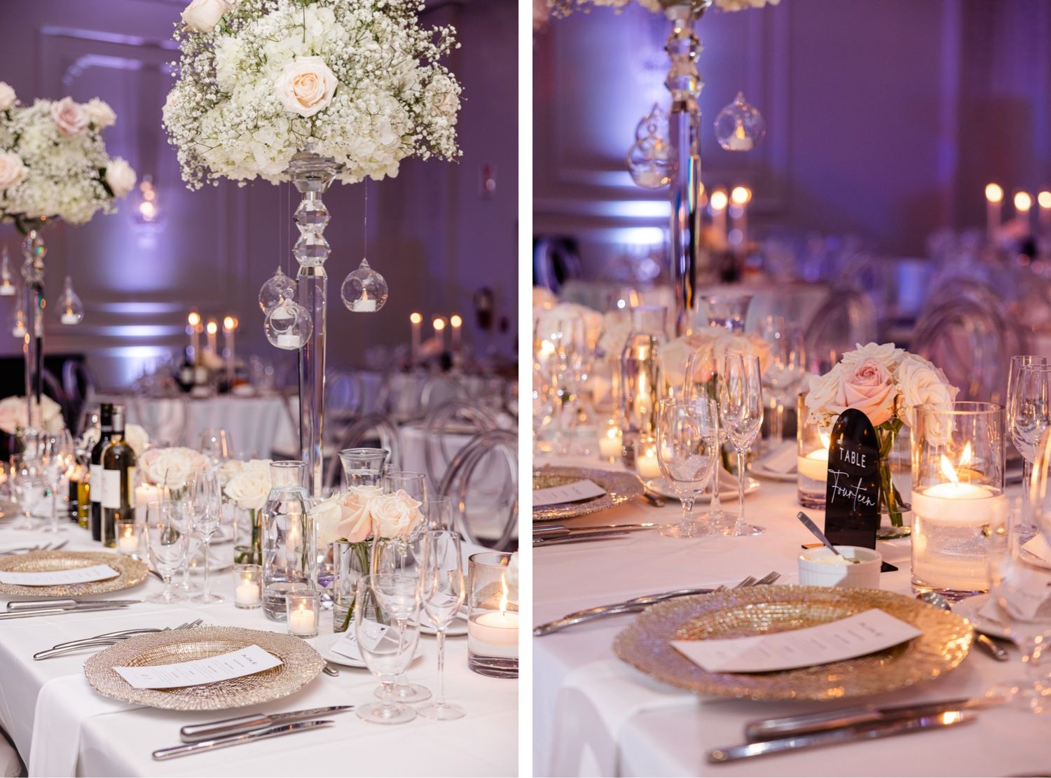 Luxurious wedding reception tables with tall floral centerpieces and crystal details.