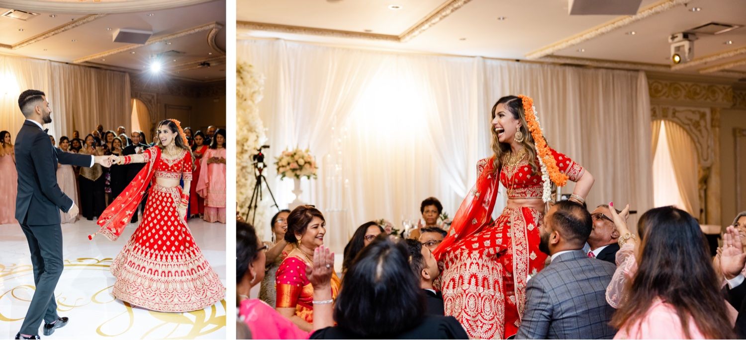 Wedding guests surround a dancing couple celebrating in traditional attire during their reception.