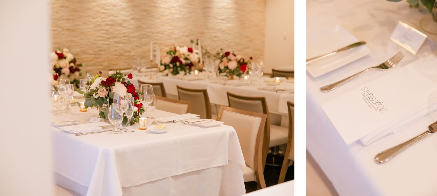 Wedding reception tables set with white linens and romantic floral arrangements in muted lighting.