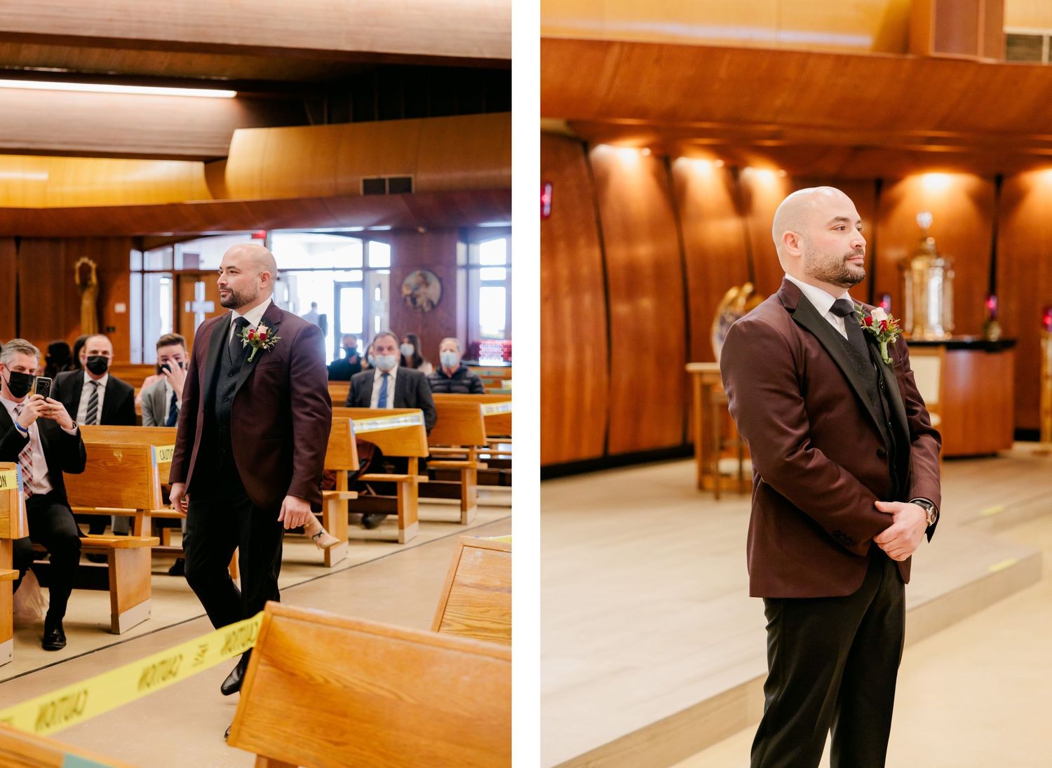 Two views of groom walking in wood-paneled church interior.