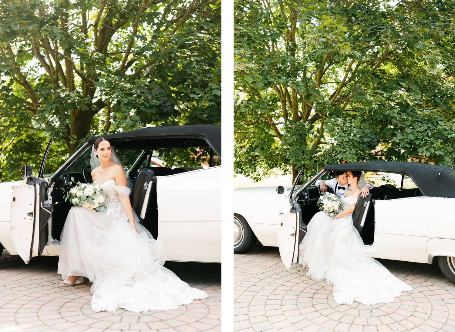 Wedding couple poses by vintage white Cadillac in split outdoor photos.