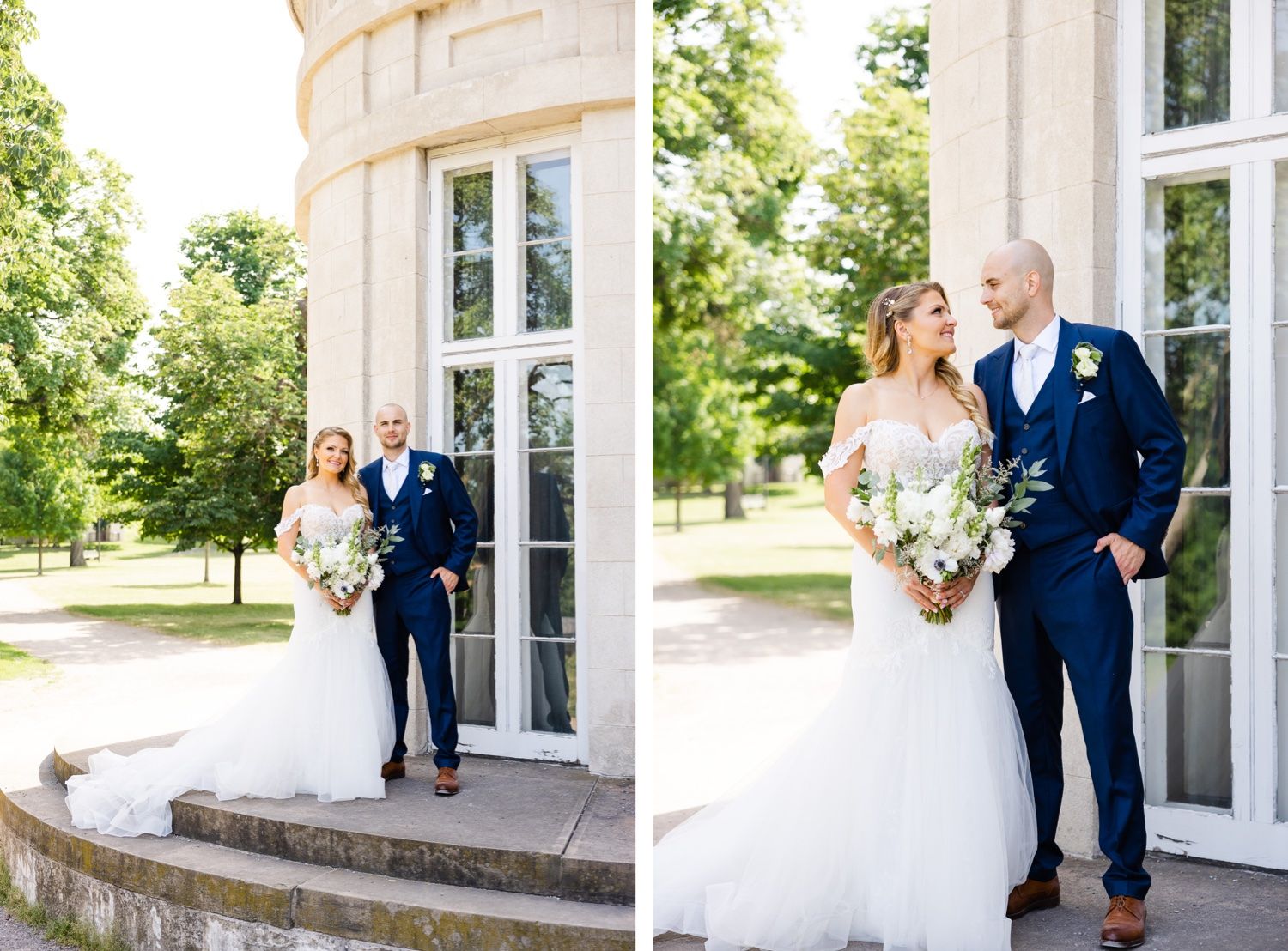 Side-by-side wedding photos showing couple on curved stone entryway.