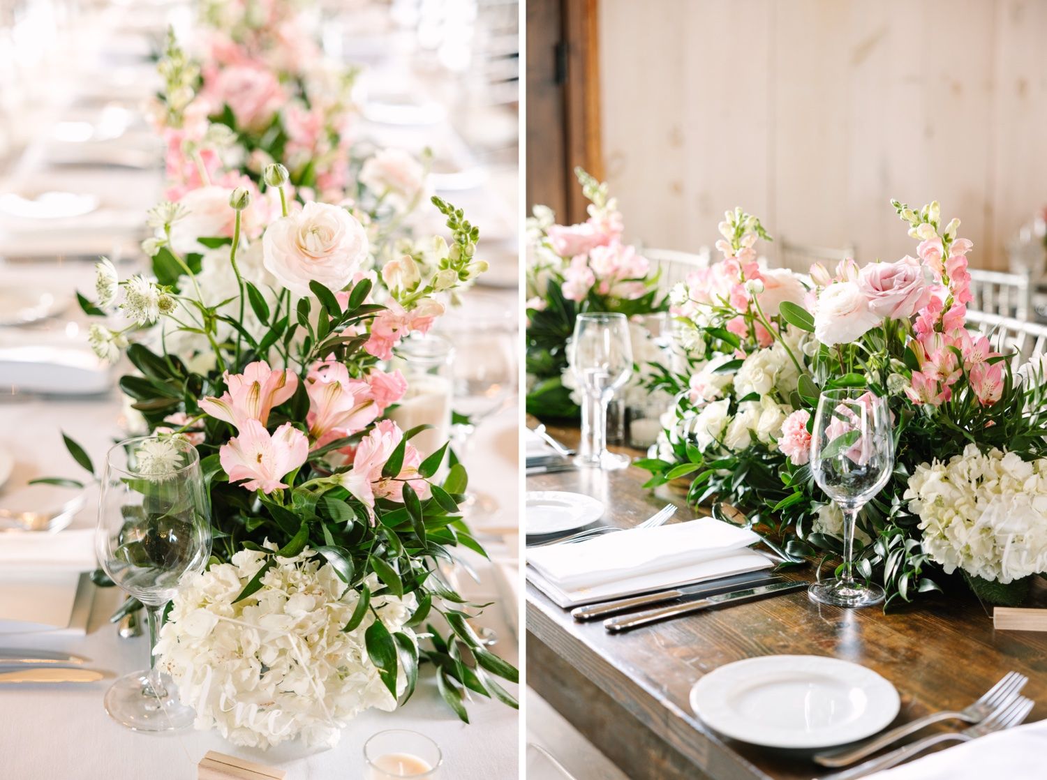 Pink and white floral centerpieces with roses and hydrangeas arranged in elegant vases.