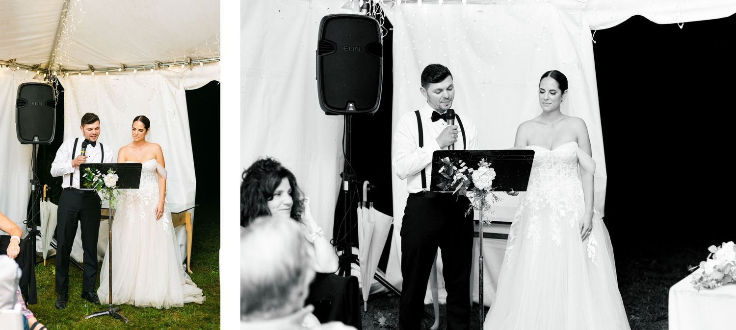 Black and white split photo showing wedding ceremony under white tent.