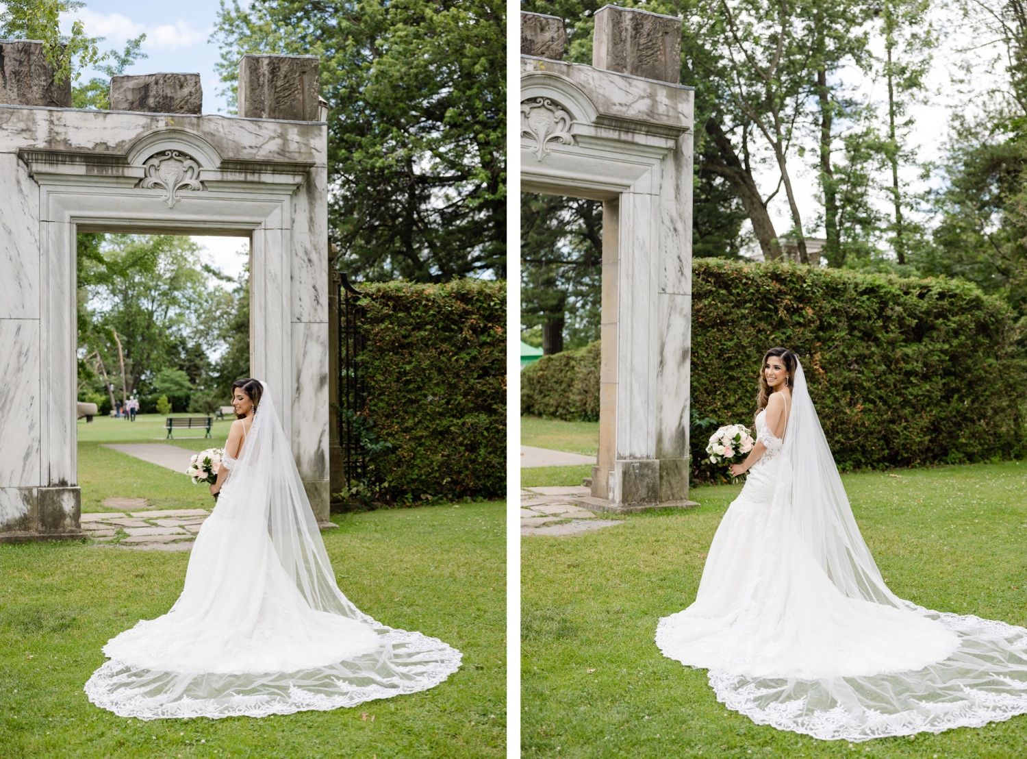 Elegant wedding photos feature a cathedral length veil cascading across manicured garden grounds near stone archway.