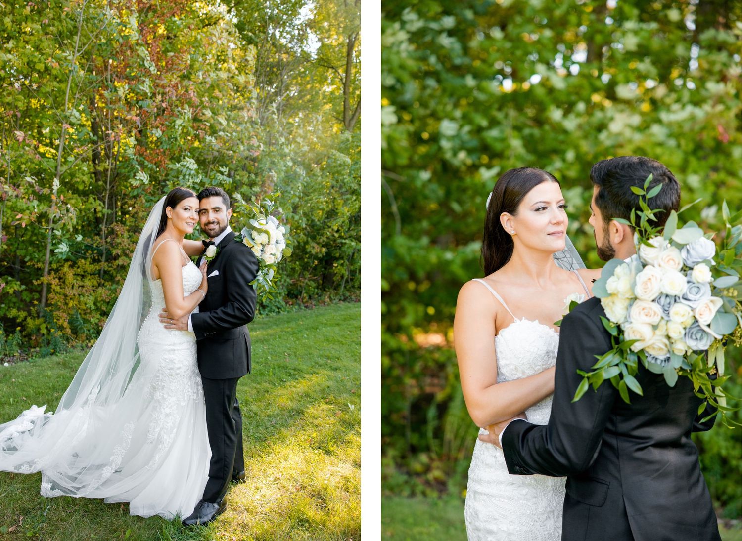 A bride and groom share an intimate moment outdoors surrounded by lush greenery and holding an elegant bouquet.