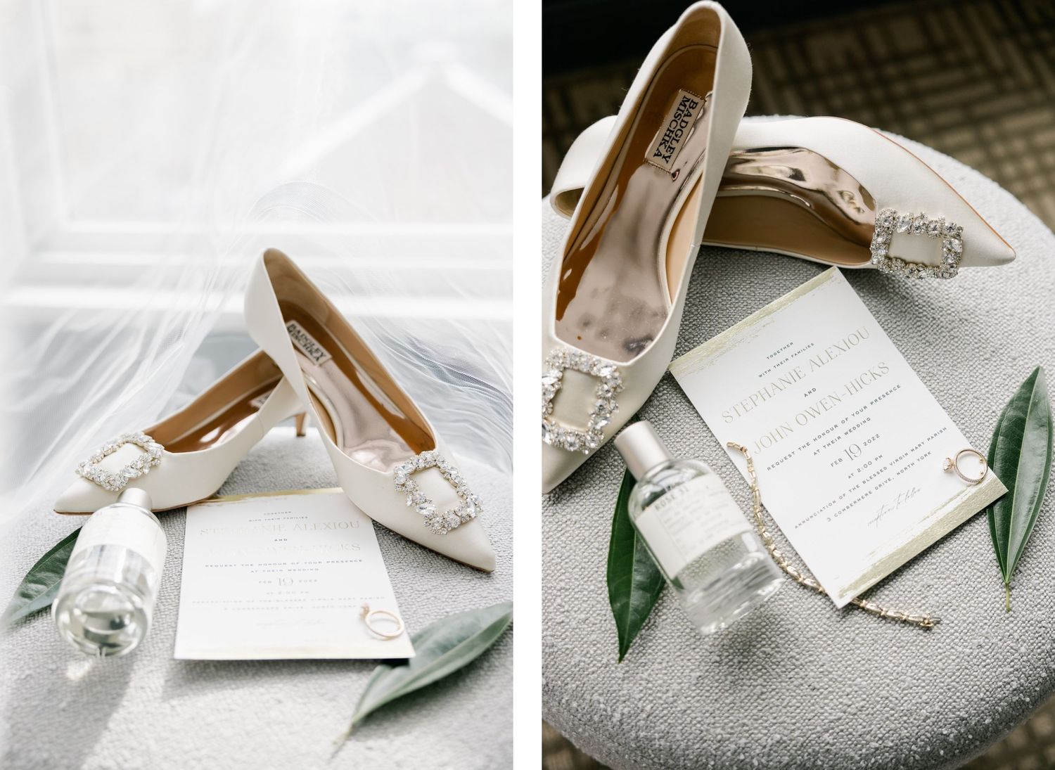 Elegant white bridal shoes and wedding invitation displayed with green eucalyptus leaves.