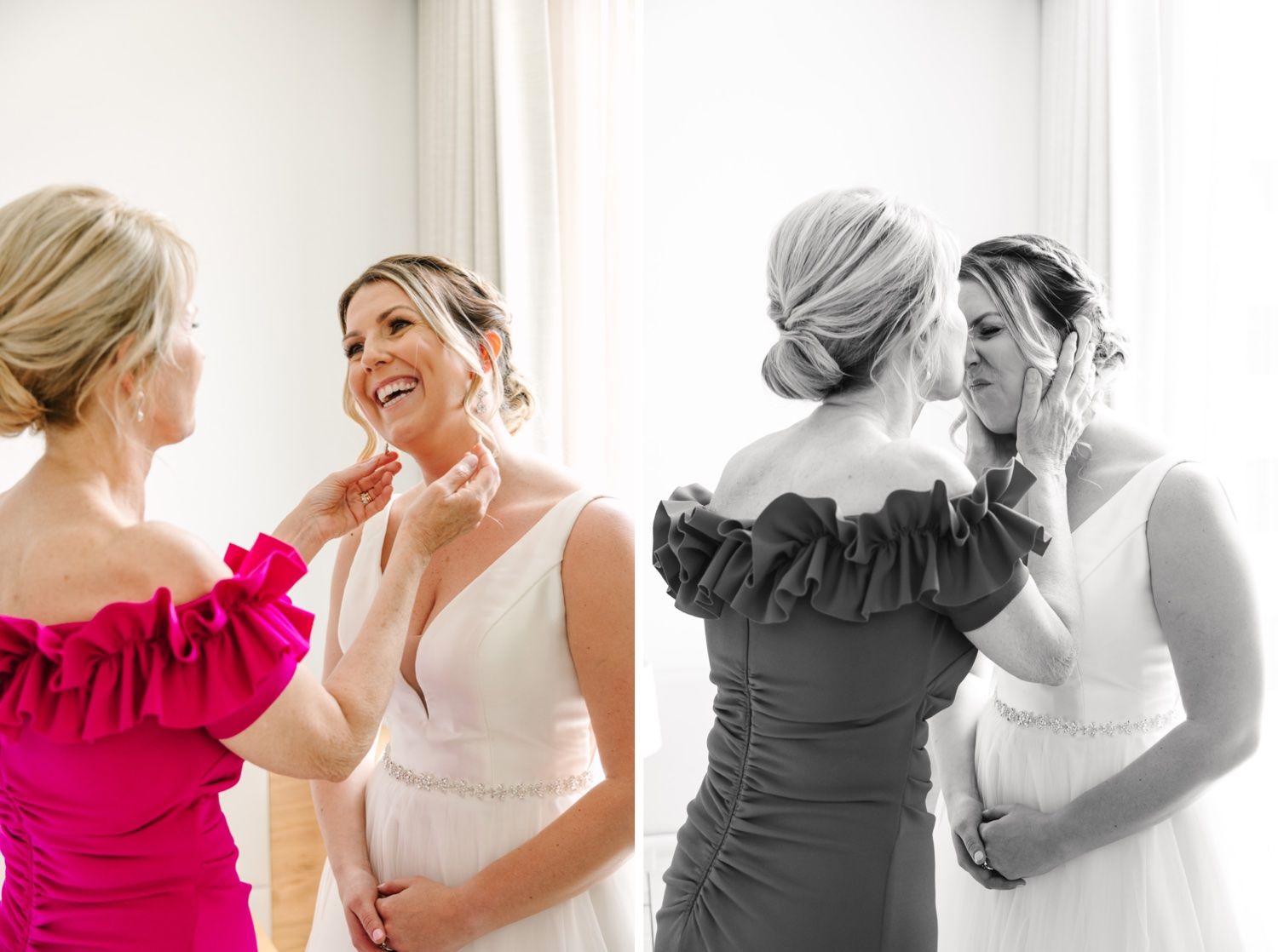 Woman in vibrant pink dress helping with wedding preparations.