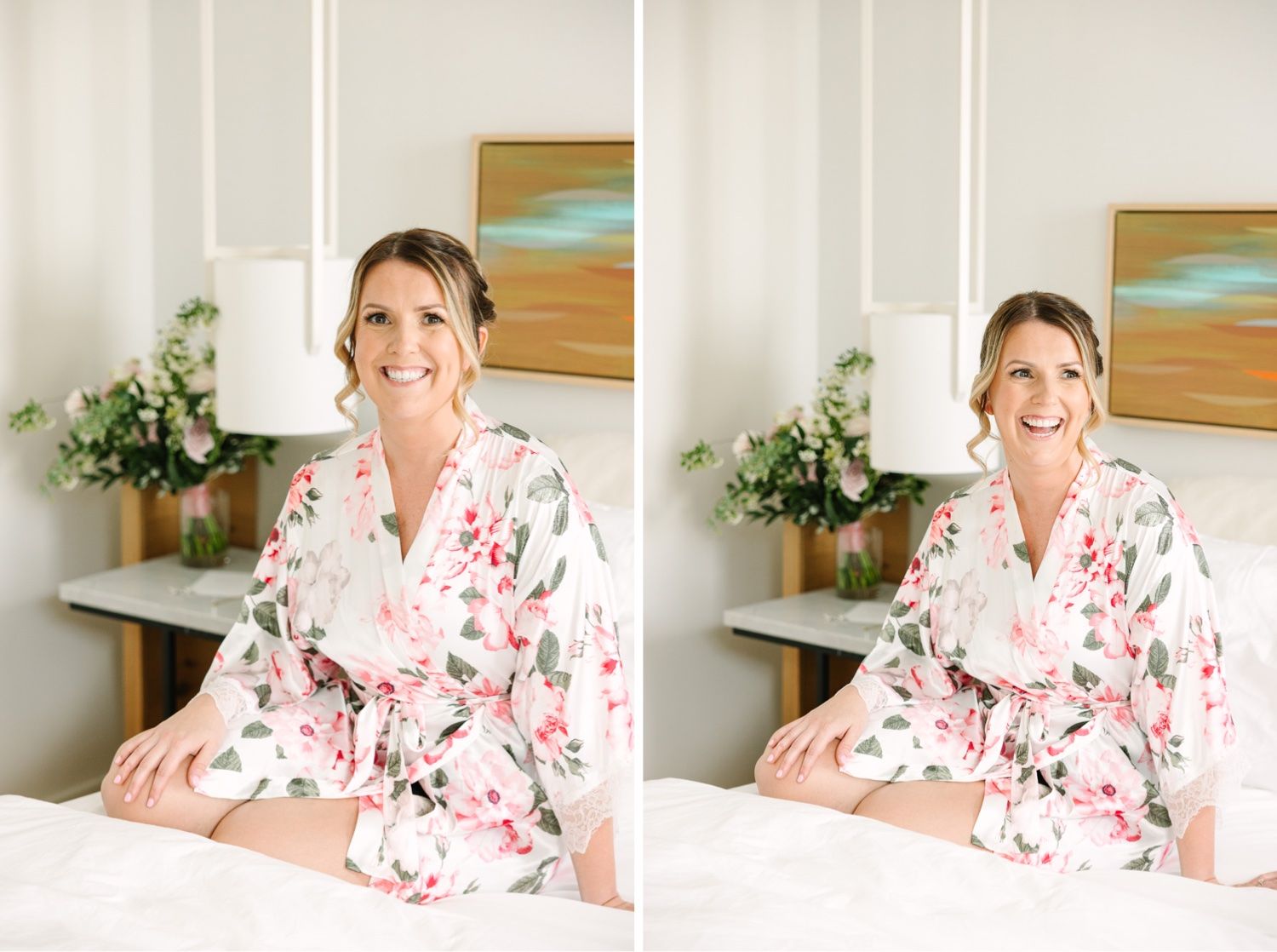Two side-by-side photos of bride in floral robe sitting on bed with modern decor.