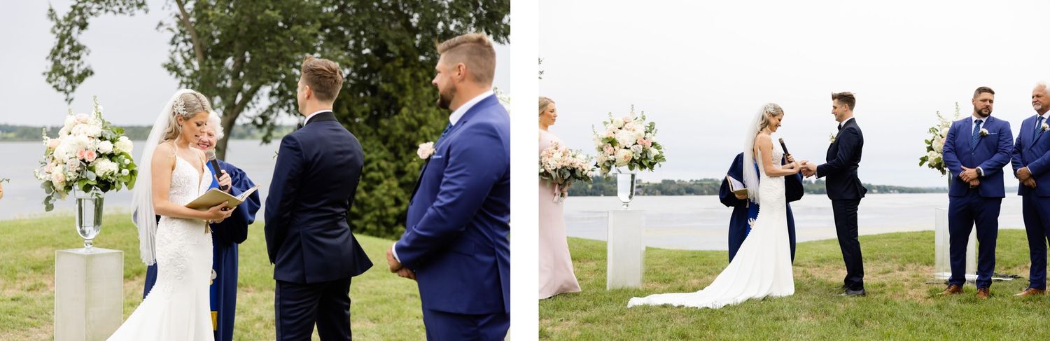 Split image showing intimate moments during a waterfront wedding ceremony.