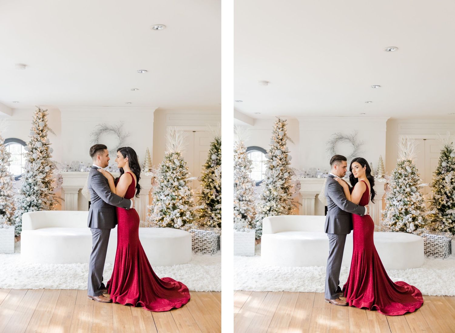 Romantic dance pose between couple in red gown and grey suit with Christmas backdrop.