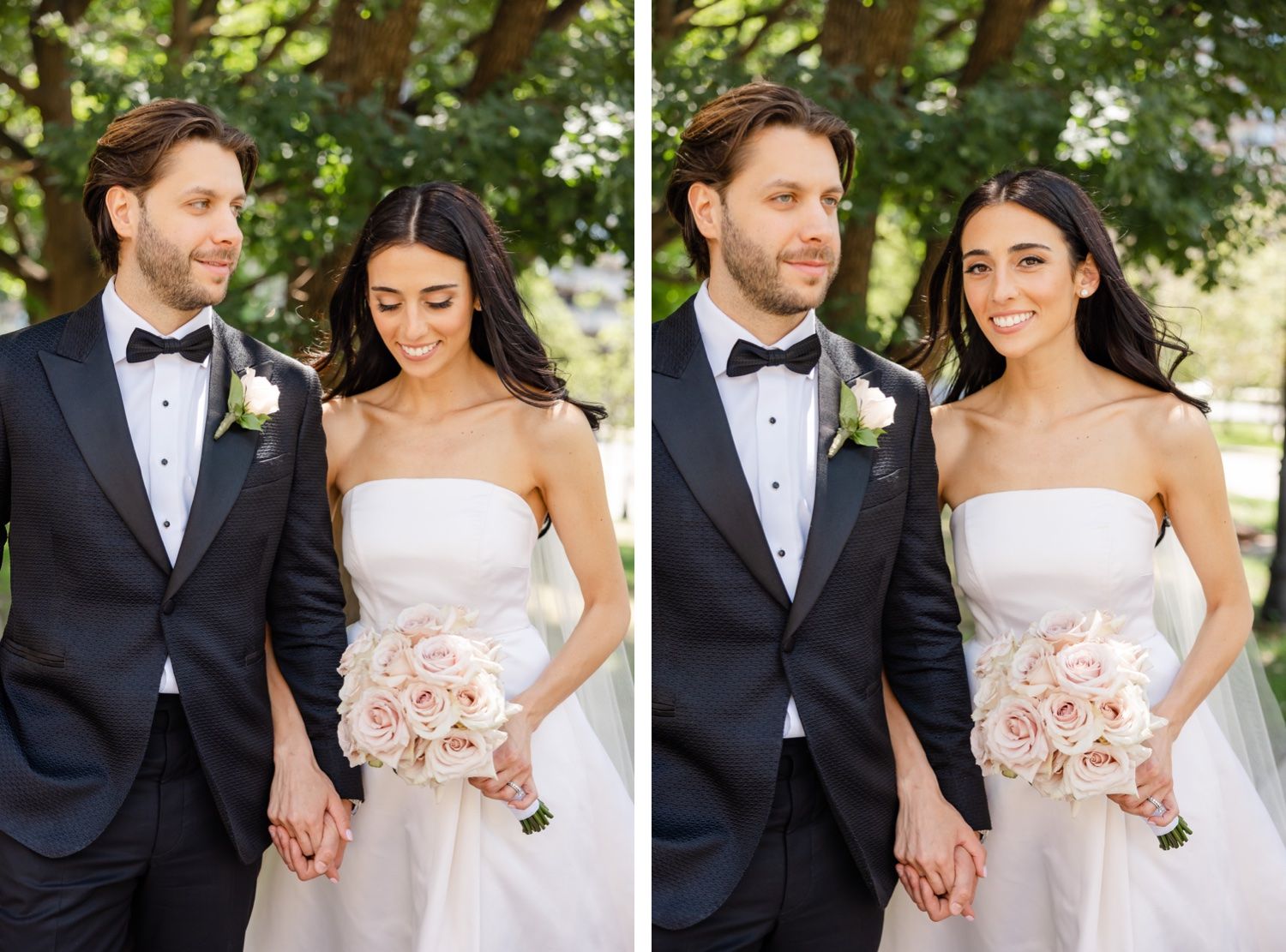 Side by side wedding portraits showing couple with blush pink bouquet against natural backdrop.