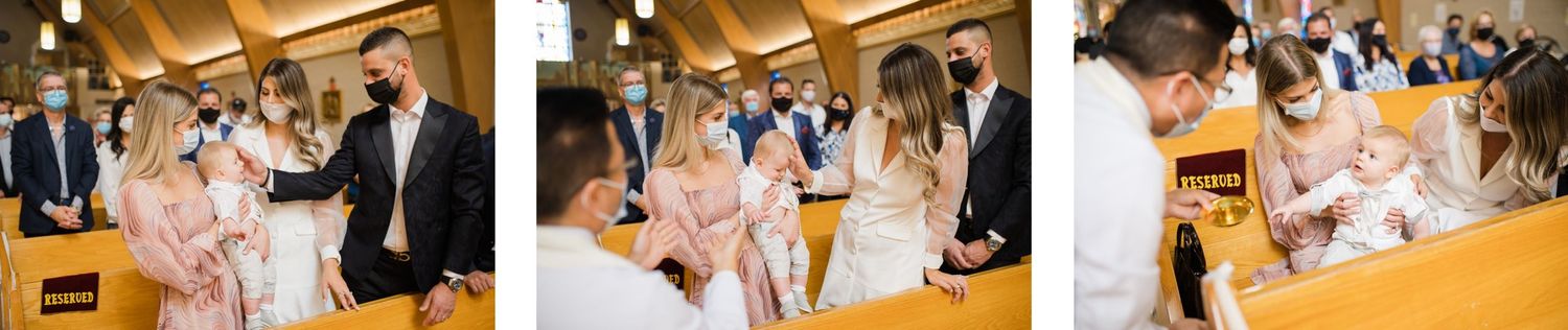 Collage of three photos showing moments from church baptism ceremony.