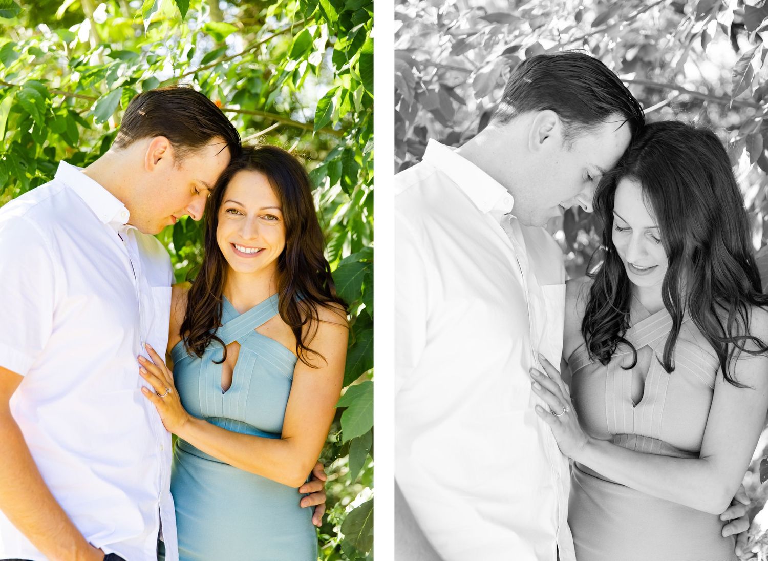 Color and black and white portraits of couple in casual attire against natural backgrounds.