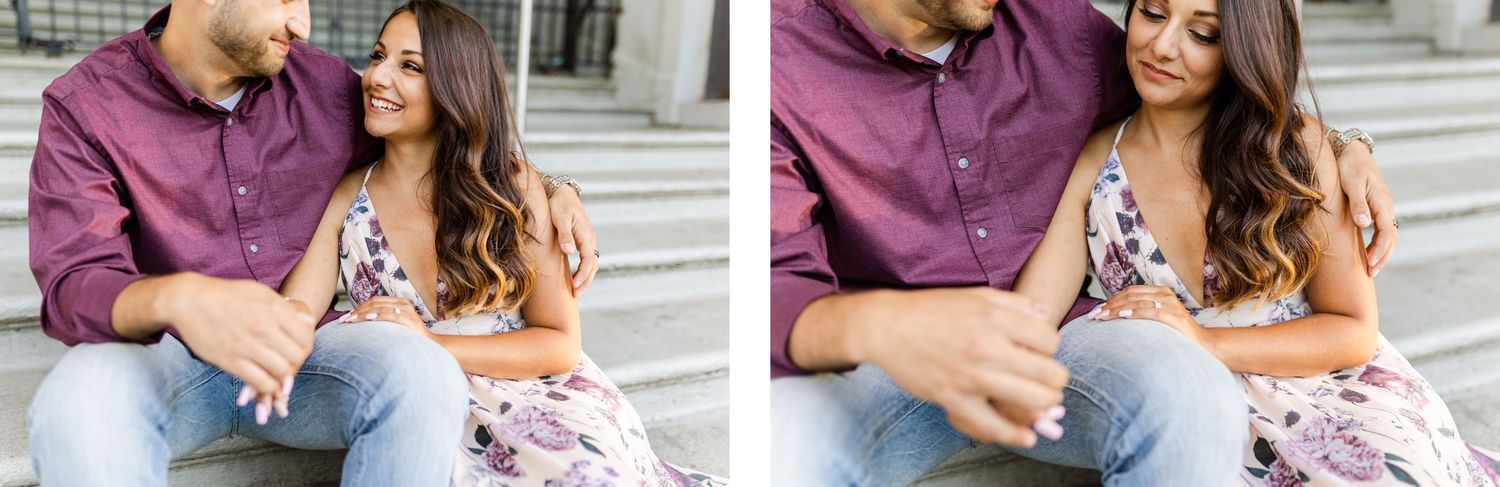 Two candid shots of couple in coordinating outfits sharing intimate moments on steps.