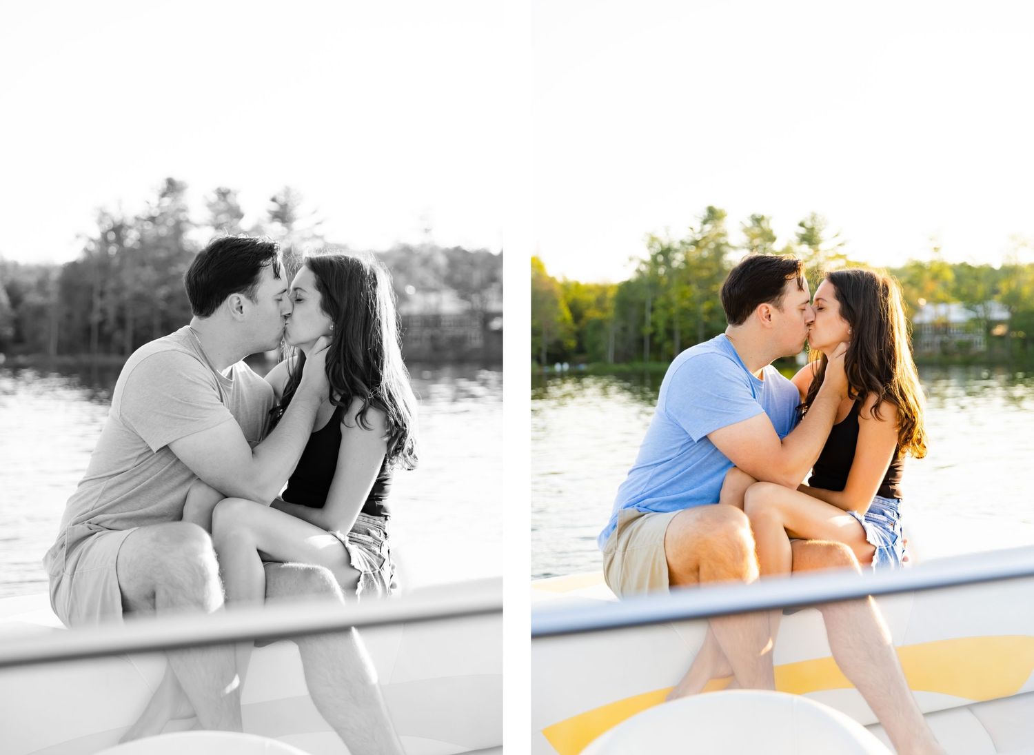Split image showing a romantic couple in both color and black and white on a boat.