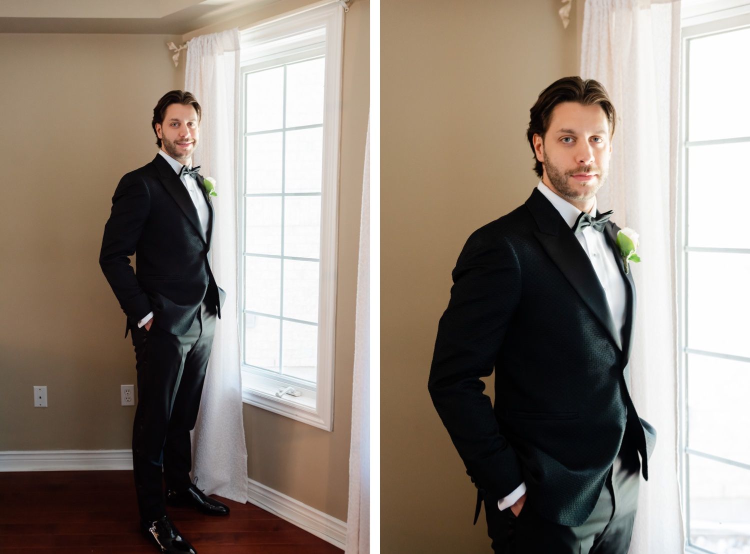 Two side-by-side photos show a groom in classic black tuxedo posing by a window.