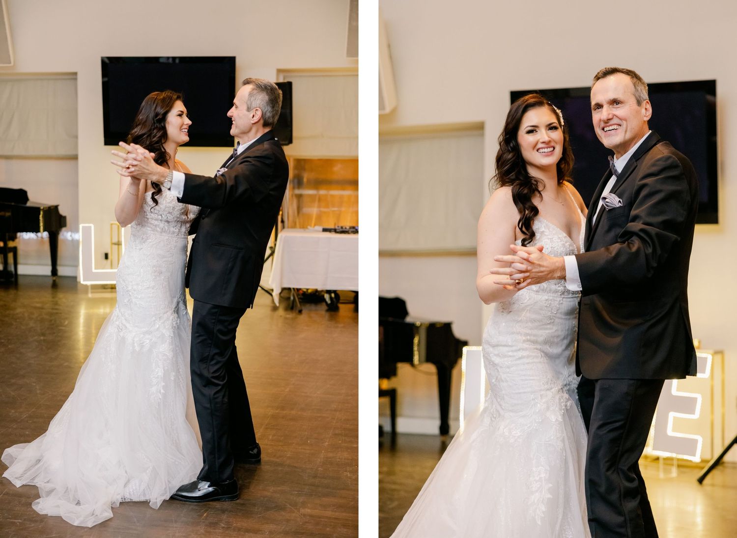 Split image showing couple dancing at their wedding reception in elegant attire.