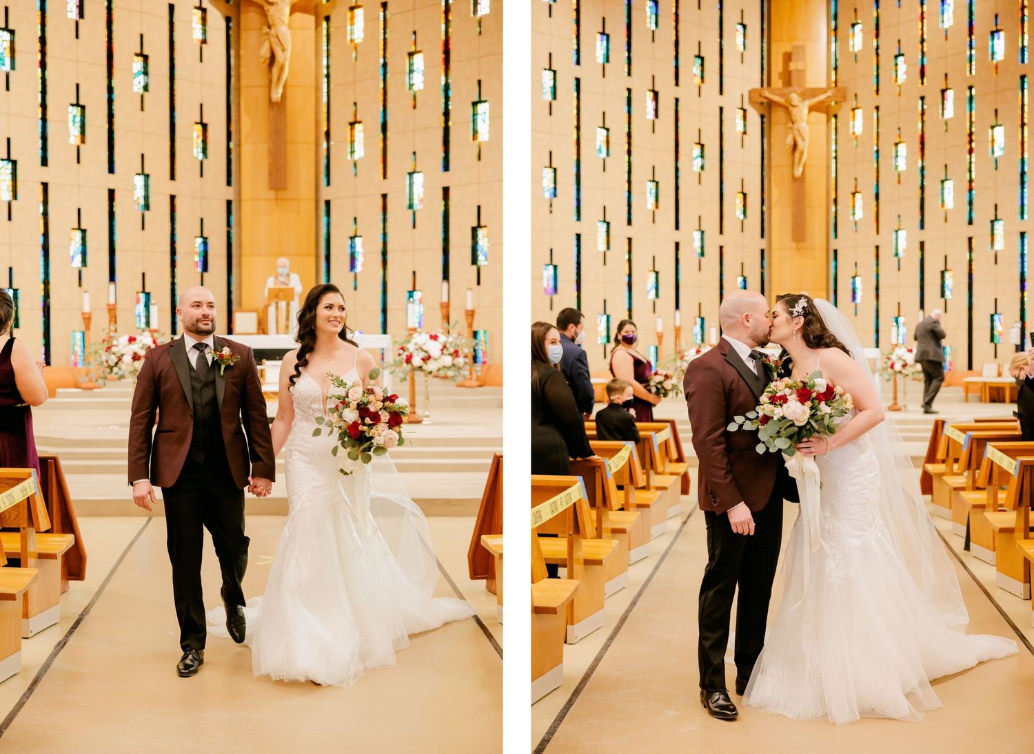Side-by-side wedding photos in church aisle with vertical stained glass windows.