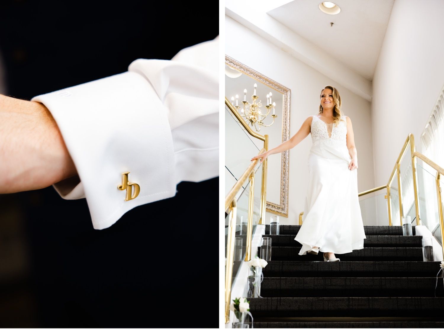 Wedding dress detail and staircase portrait showing elegant bridal style.
