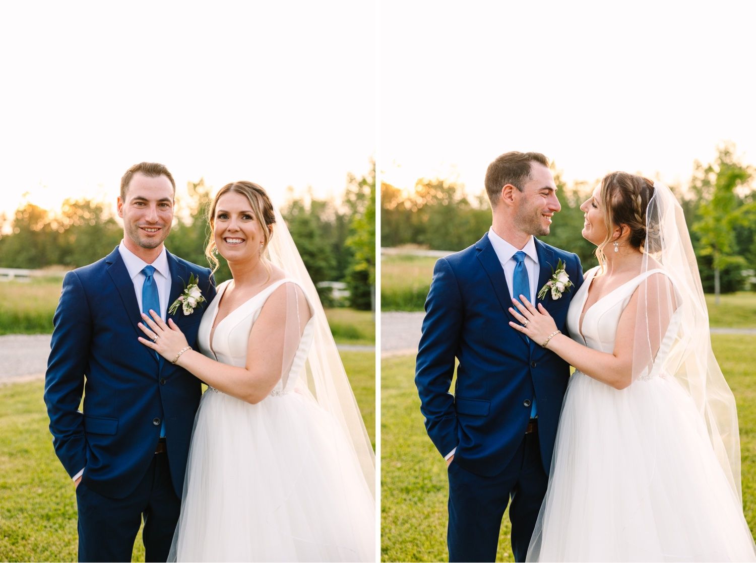 A wedding couple poses together outdoors in formal attire during their sunset photo session.