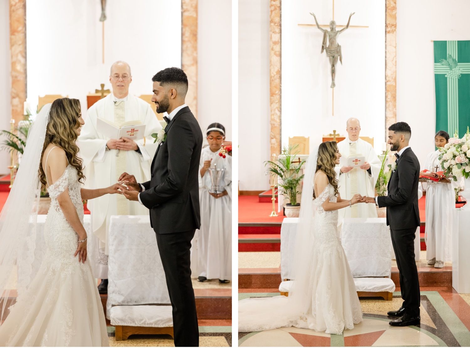 Side-by-side photos of a wedding ceremony showing the exchange of vows in a church setting.