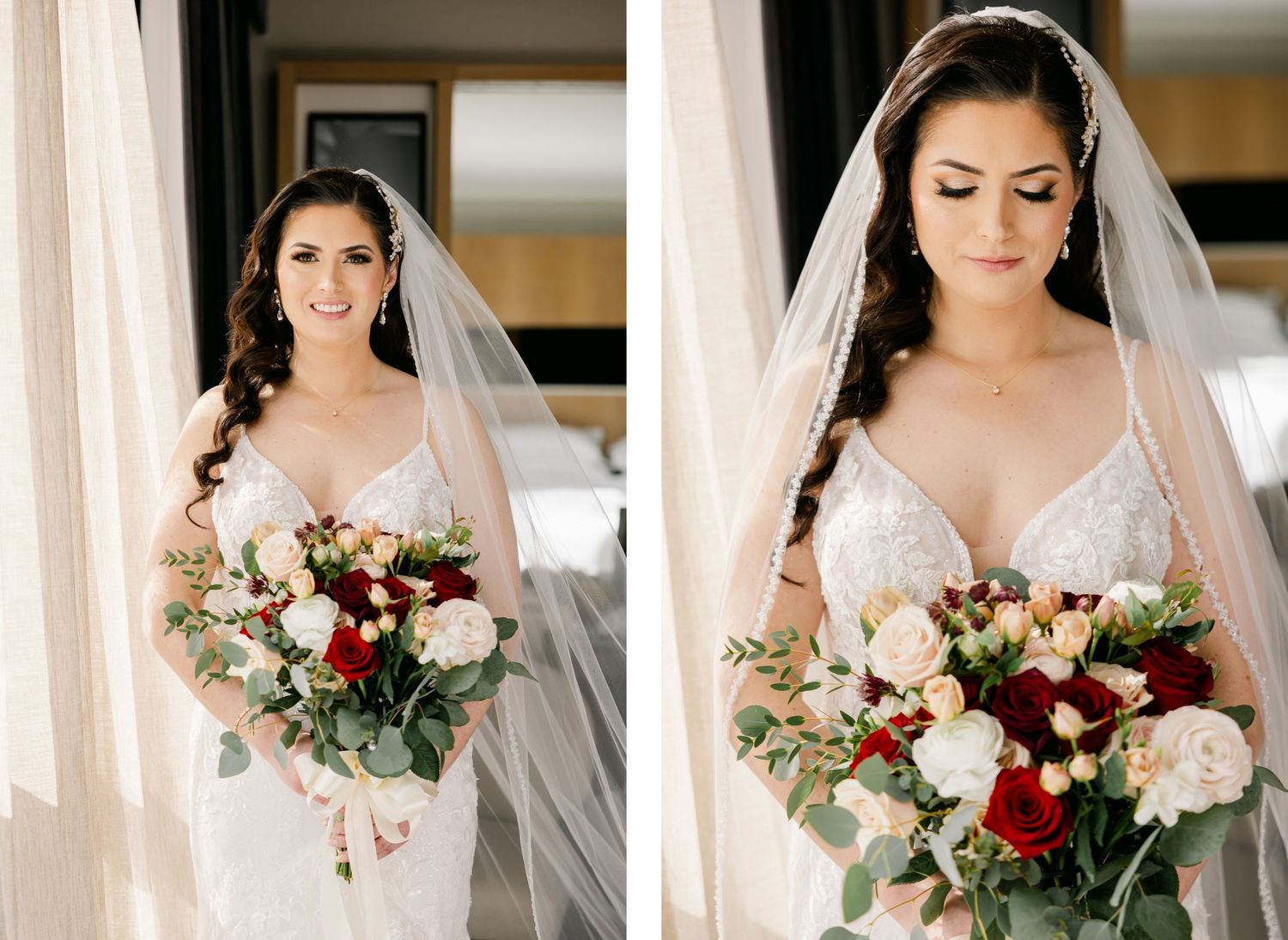 Two elegant bridal portraits showing detailed lace gown and cascading bouquet.