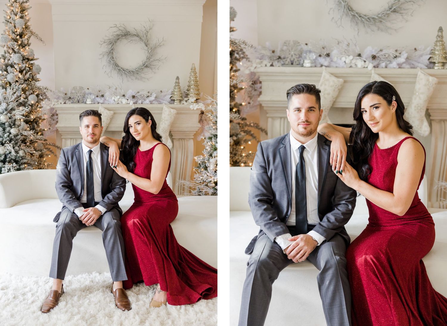 Winter photography session showing couple in formal attire surrounded by holiday decorations.