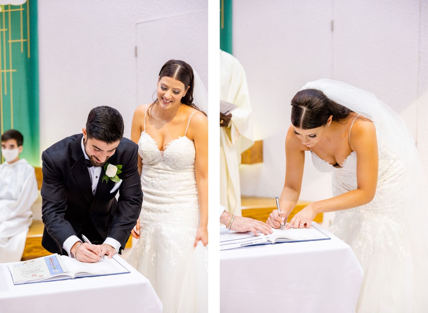 Bride and groom signing their marriage certificate during the wedding ceremony.