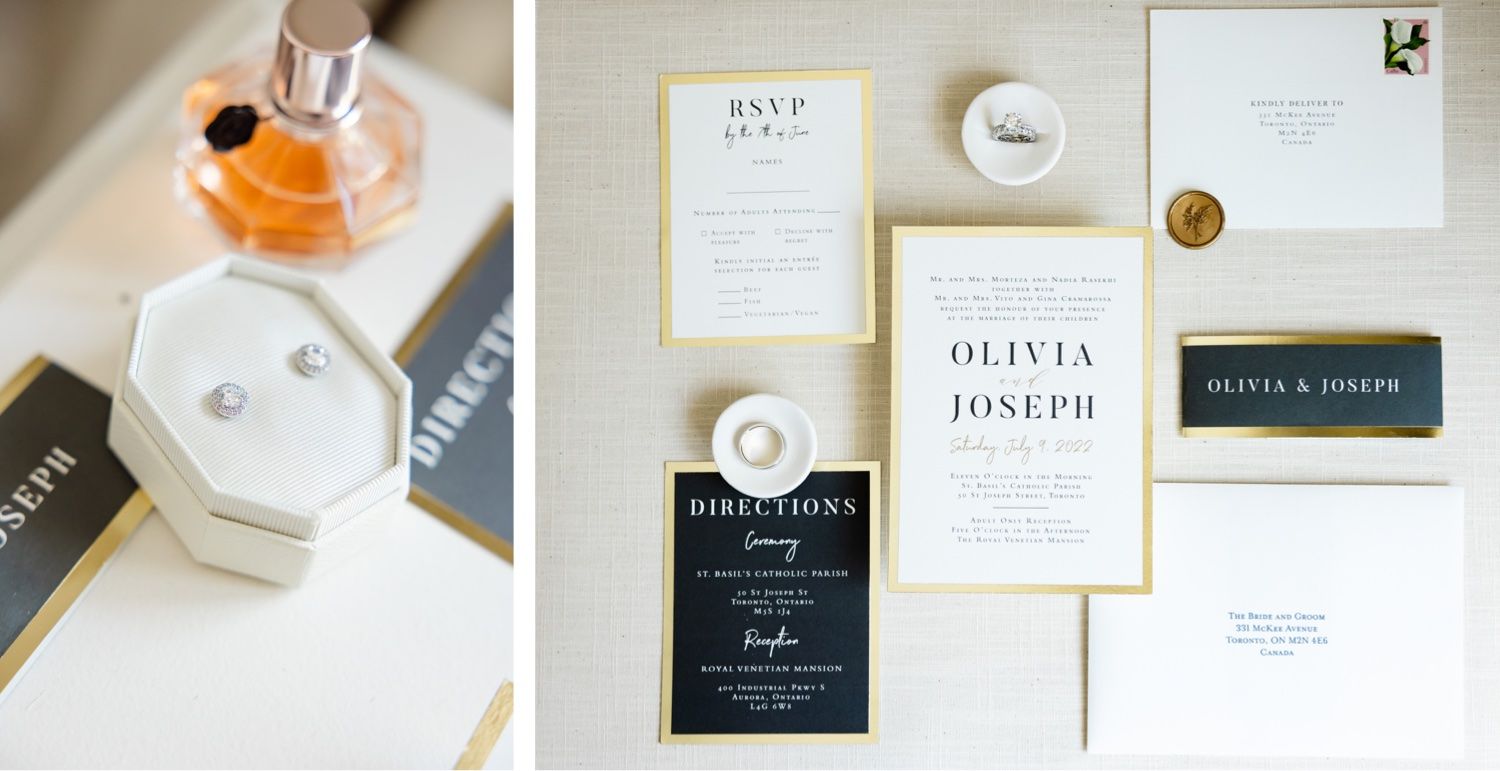 Wedding invitation suite with perfume bottle and elegant gold-trimmed designs.
