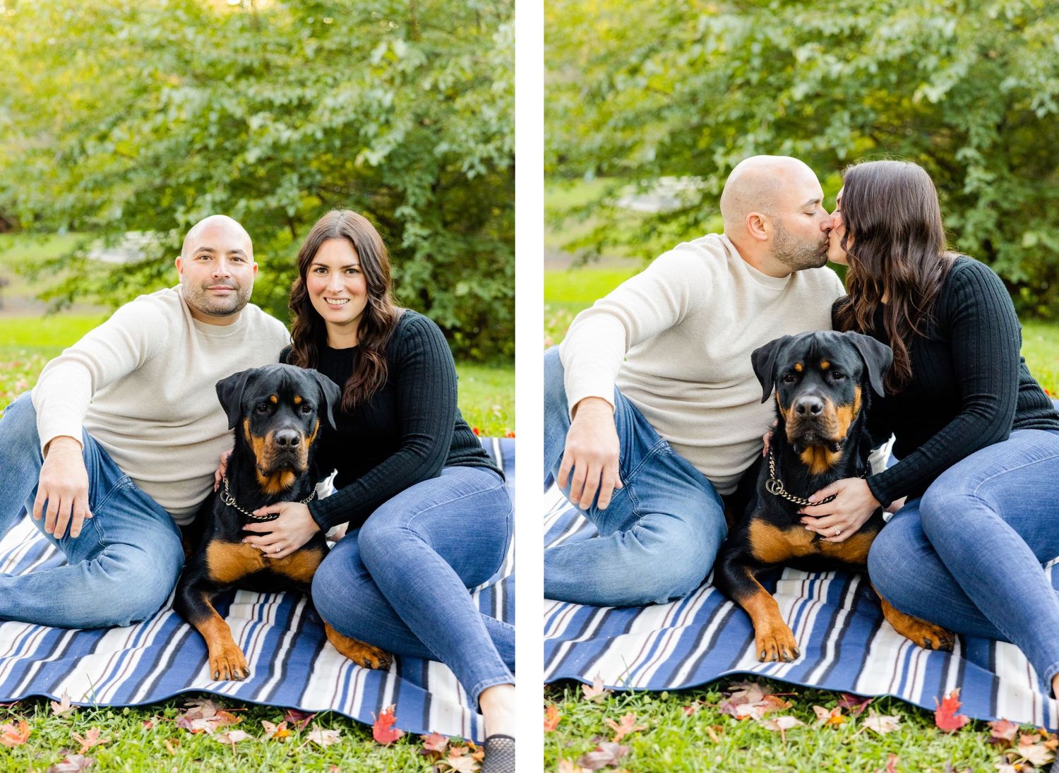 Side-by-side photos of couple posing with Rottweiler on picnic blanket in park setting.