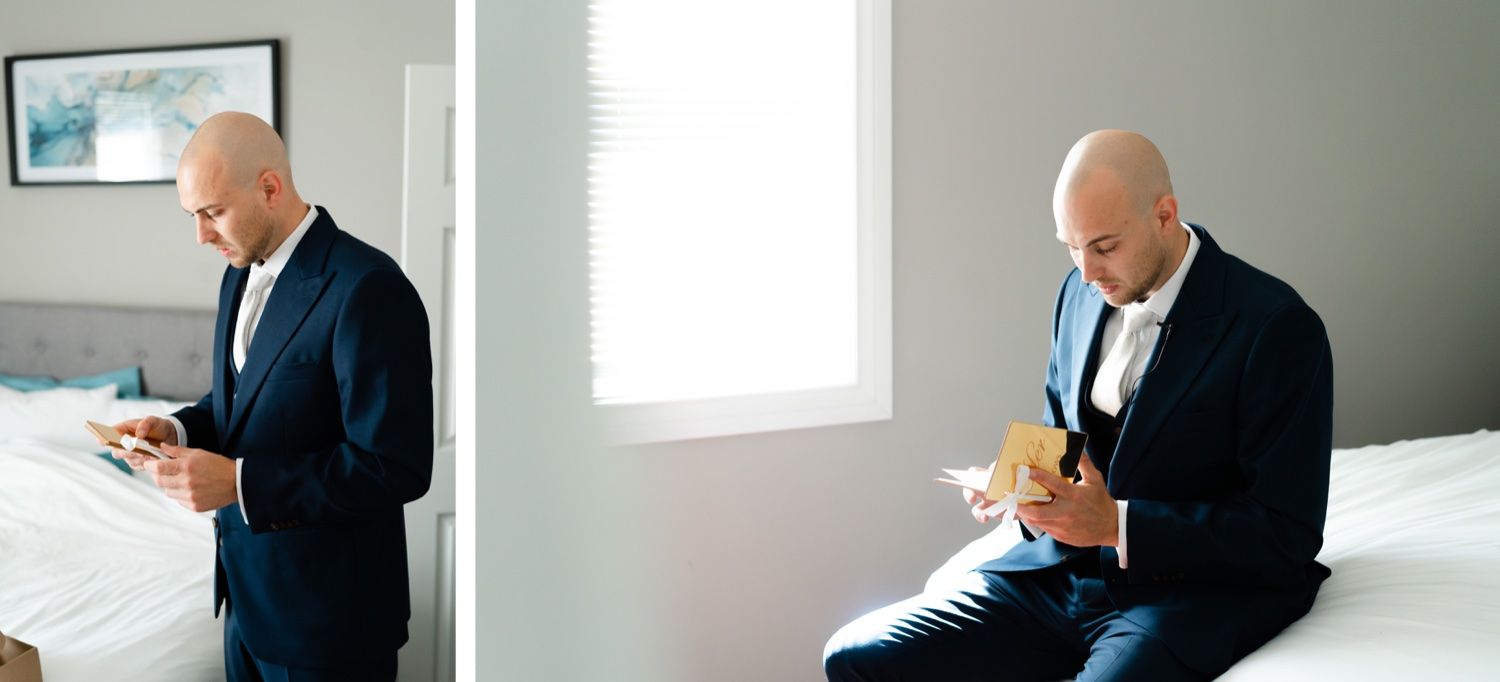 Split image of groom in navy suit checking phone while getting ready for wedding.