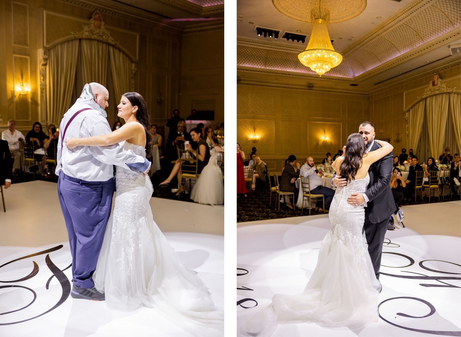 Two touching moments from a wedding dance captured in color and black and white.
