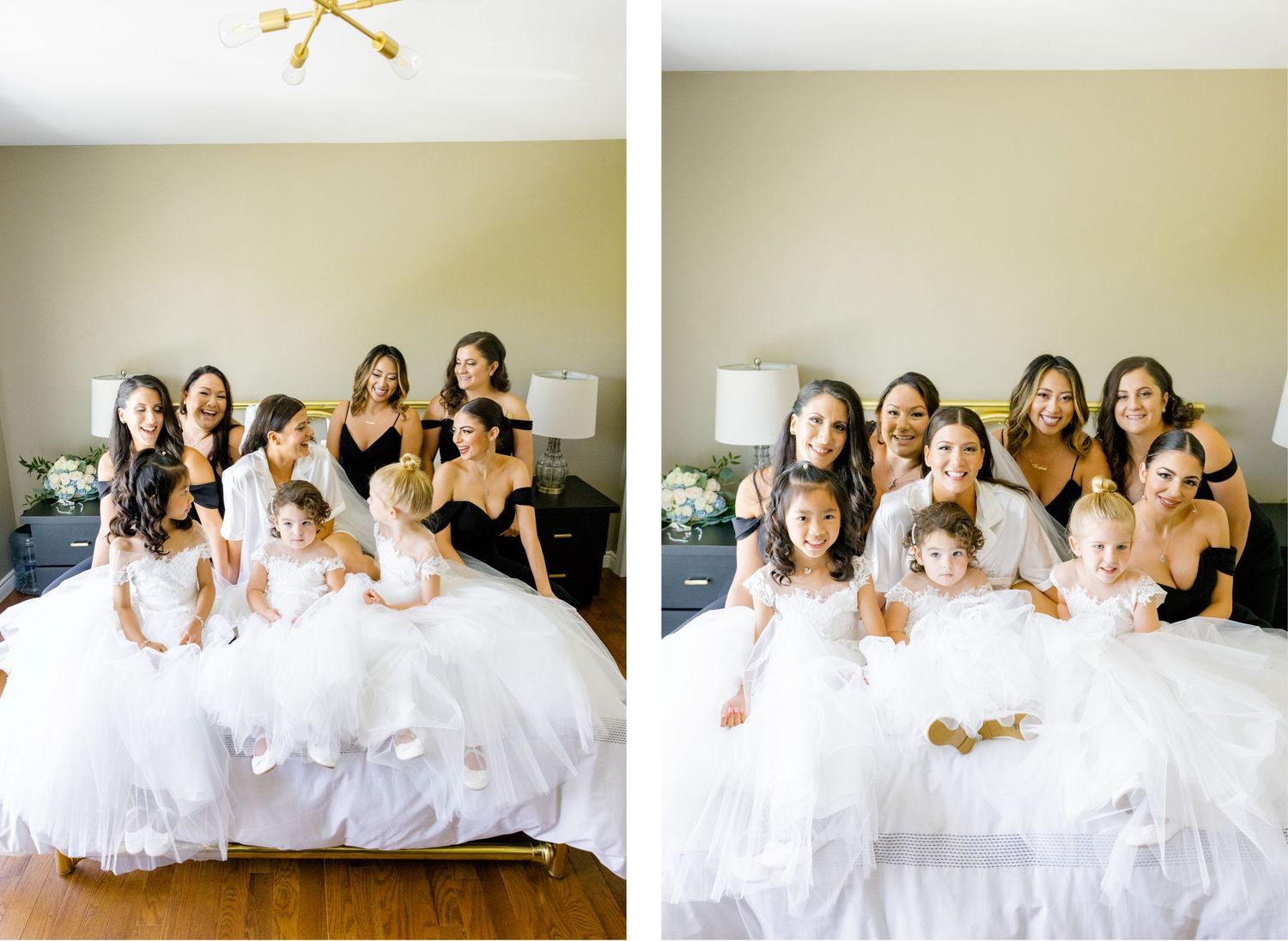 Joyful group photo of bridesmaids and flower girls in formal attire on a bed.