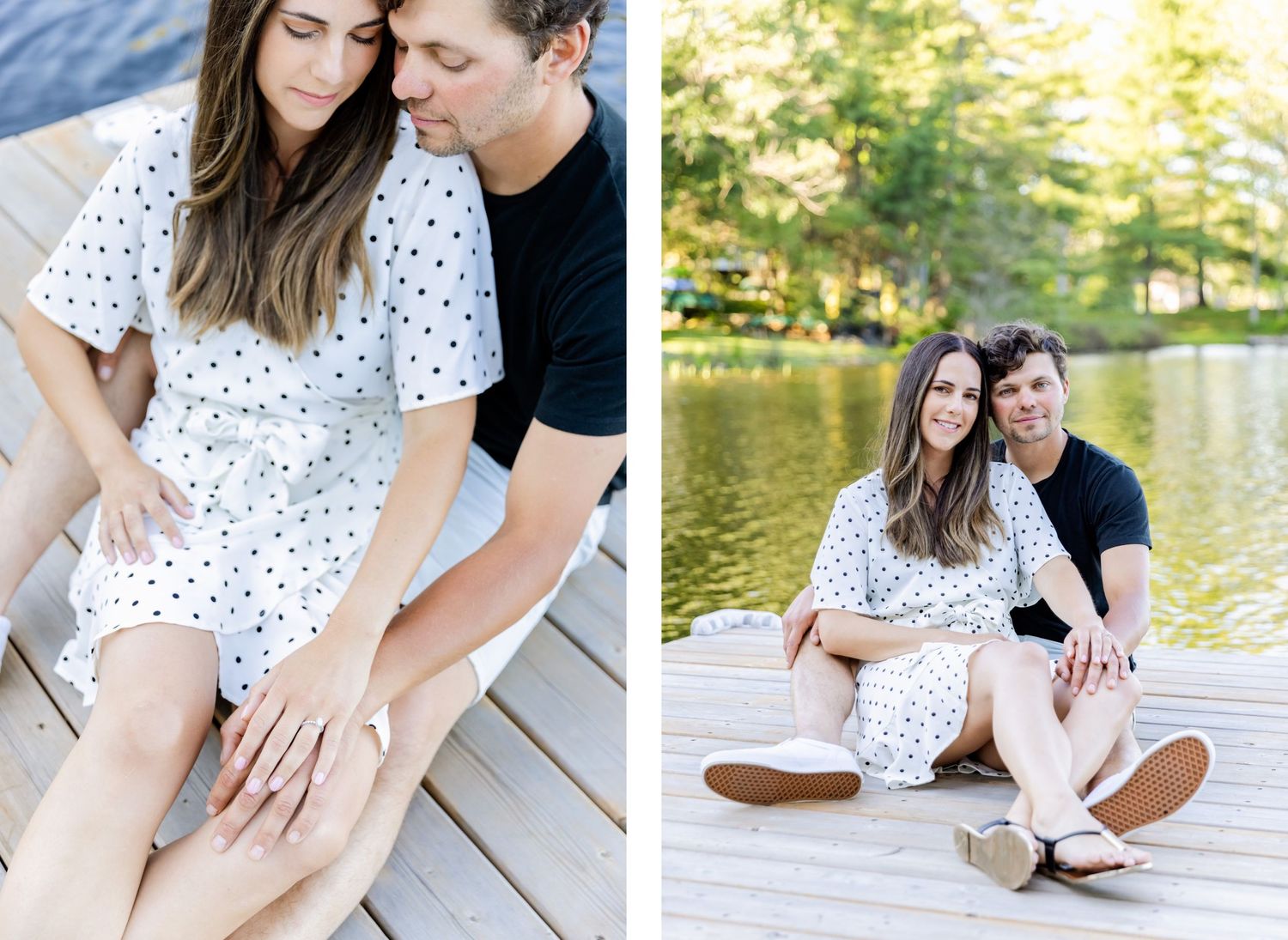 Couple shares intimate moments on waterfront dock wearing black and white polka dot dress.