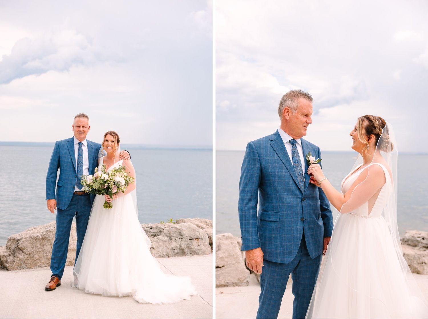 Wedding couple poses for romantic portraits along a waterfront with stone breakwall.