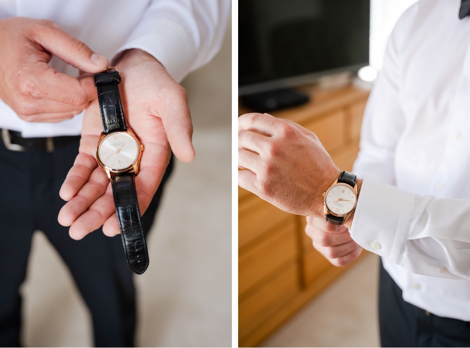Close up shots of hands adjusting a leather watch strap and checking the time.