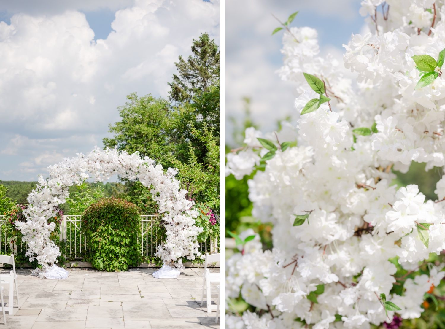 White floral wedding arch with delicate blooms against a bright summer sky.