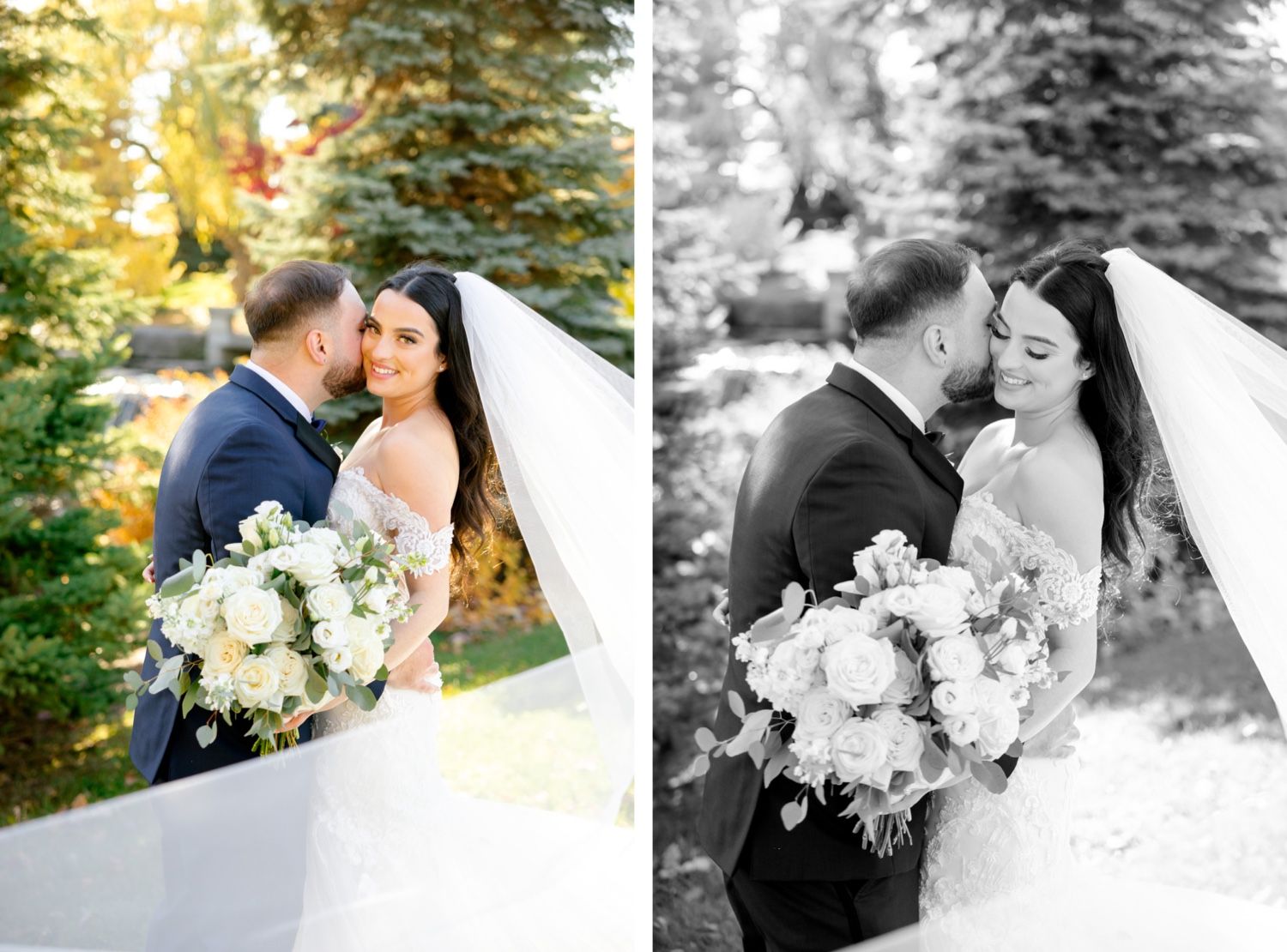 Romantic wedding portraits in color and black and white against natural outdoor backdrop.