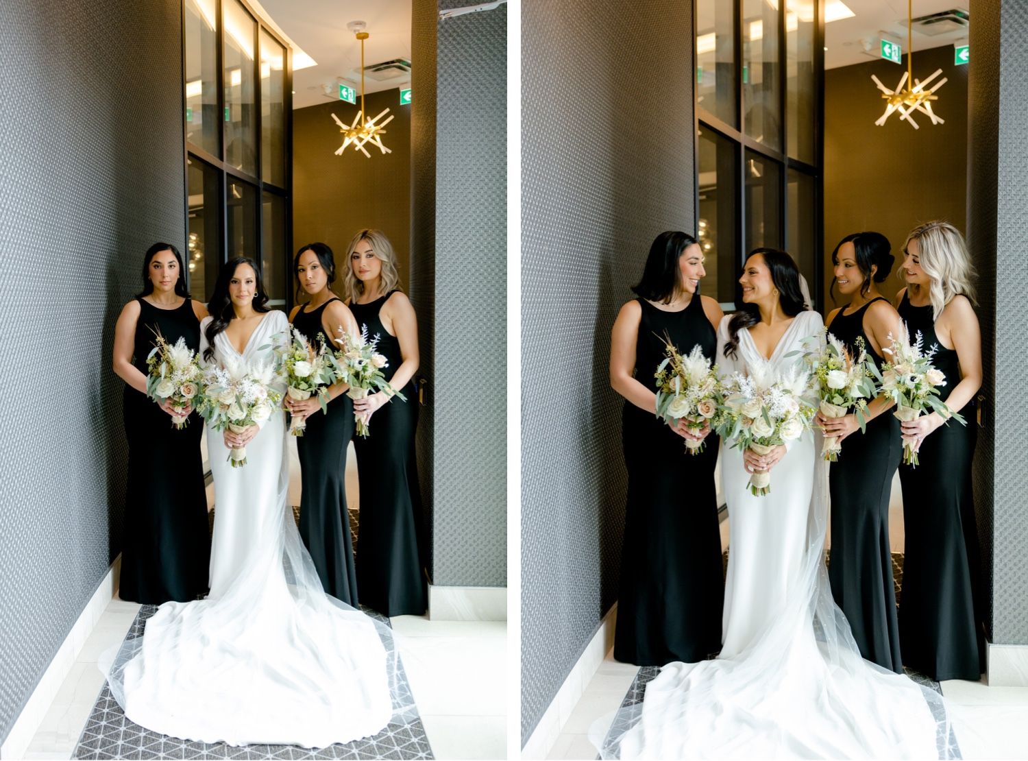 Wedding party in black bridesmaids dresses pose with bride in white gown under modern lighting.